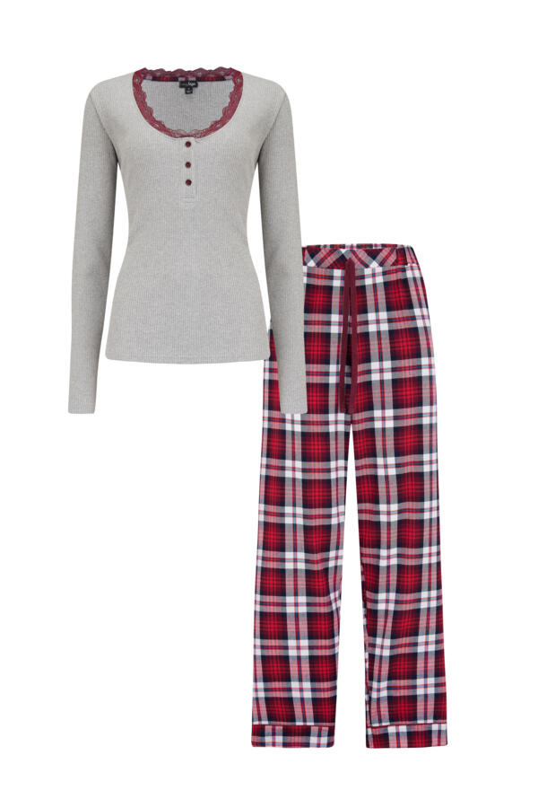 Rib Jersey Lace Trim Henley Top & Check Trouser Pyjama Set