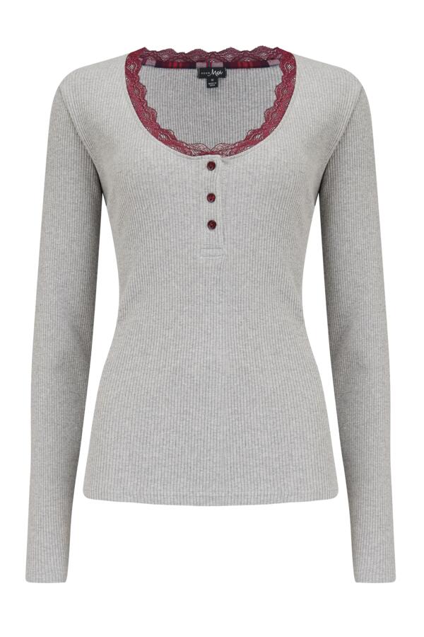 Rib Jersey Lace Trim Henley Top & Check Trouser Pyjama Set