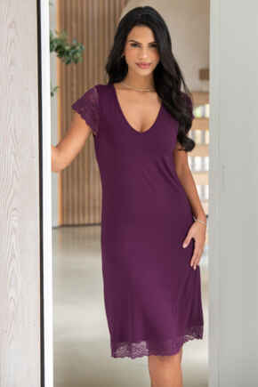 Bamboo Jersey Lace Hidden Support Midi Chemise - Plum