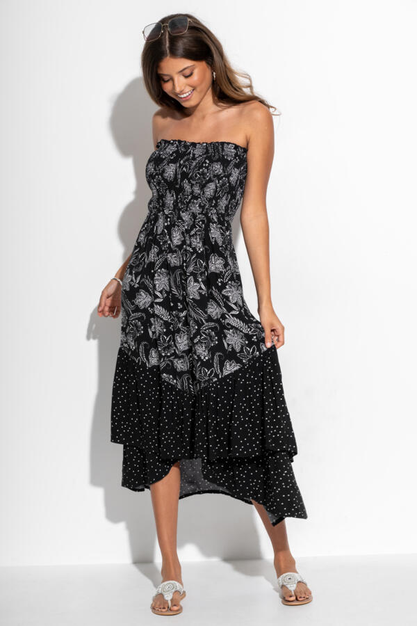 Strapless Asymmetric Tiered Woven Maxi Dress