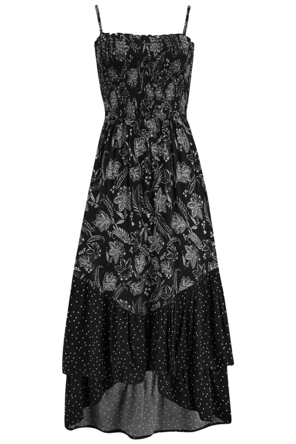 Strapless Asymmetric Tiered Woven Maxi Dress