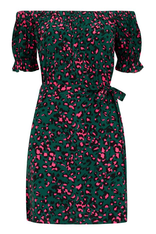 Woven Puff Sleeve Removable Belted Bardot Dress