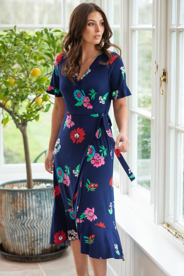 Megan Fuller Bust Slinky Jersey Frill Detail Midi Wrap Dress
