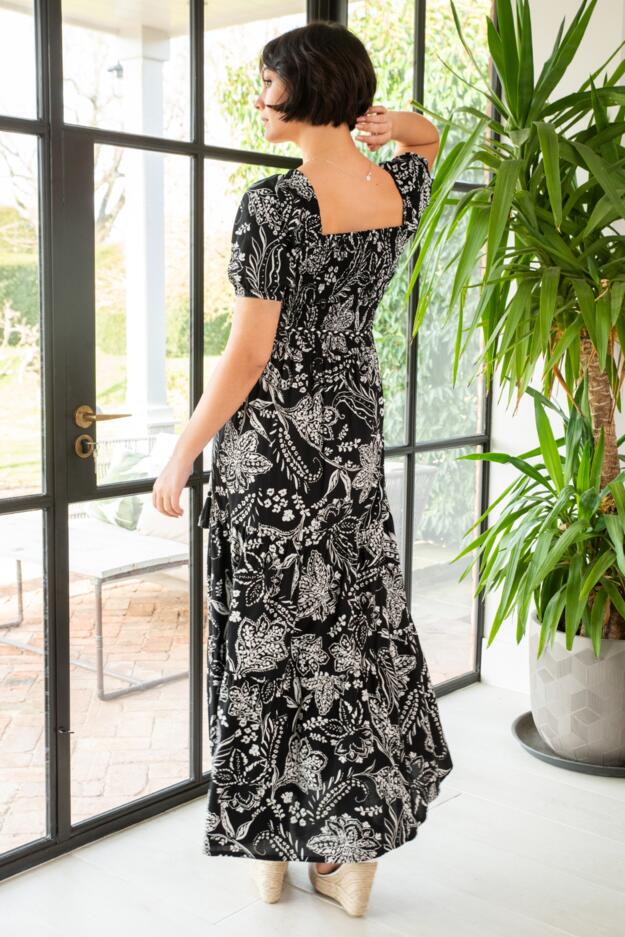 Sadie Fuller Bust Shirred Bodice Woven Short Sleeve Maxi Dress