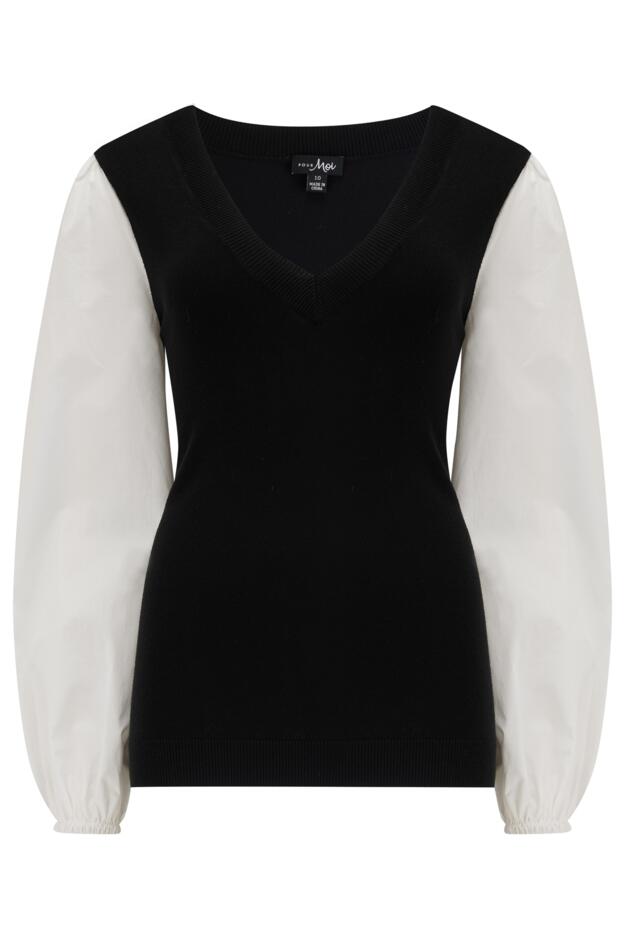 Reese V-Neck Knit Jumper With Poplin Sleeves