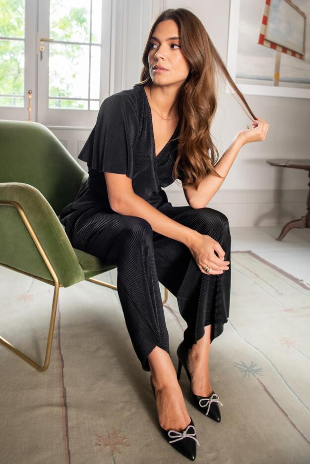 Tara Shine Plisse Cropped Wide Leg Jumpsuit 