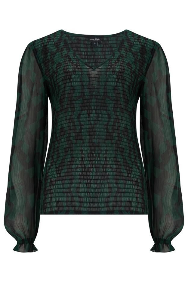 Willow Fuller Bust Shirred Bodice Chiffon Long Sleeve Sheer V Neck Blouse