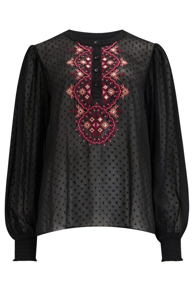 Natasha Fuller Bust Embroidered Boho Chiffon Long Sleeve Top