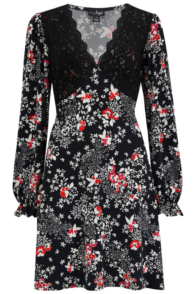 Anya Fuller Bust Lace Detail Slinky Jersey Long Sleeve Tea Dress