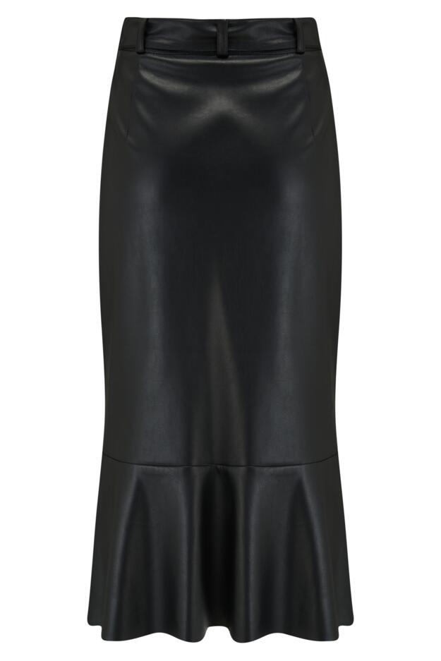 Phoebe Frill Hem Faux Leather Belted Midi Skirt