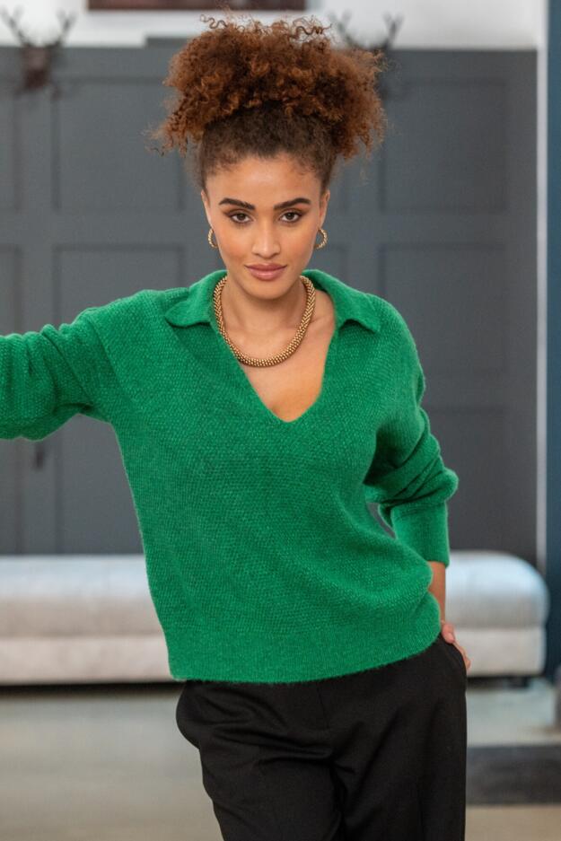Kerry V-Neck Textured Knit Collared Jumper 