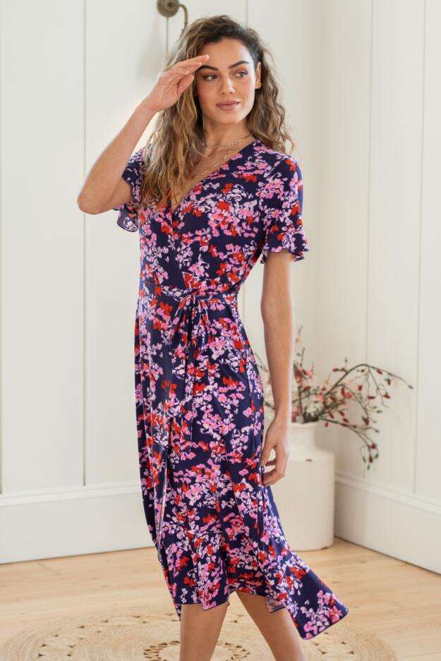 Megan Fuller Bust Slinky Jersey Frill Detail Midi Wrap Dress