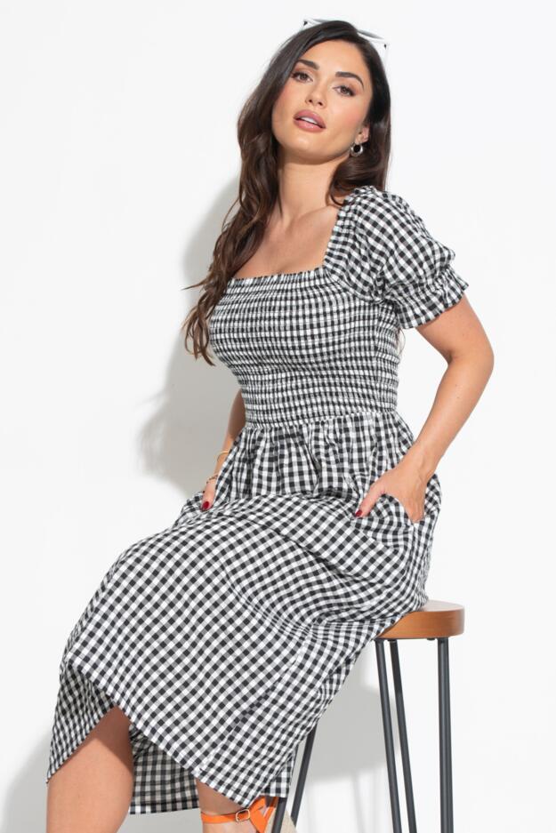 Daisy Shirred Bodice Short Sleeve Linen Blend Midi Dress