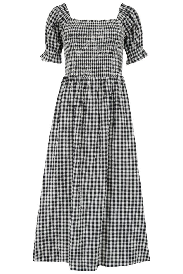 Daisy Shirred Bodice Short Sleeve Linen Blend Midi Dress