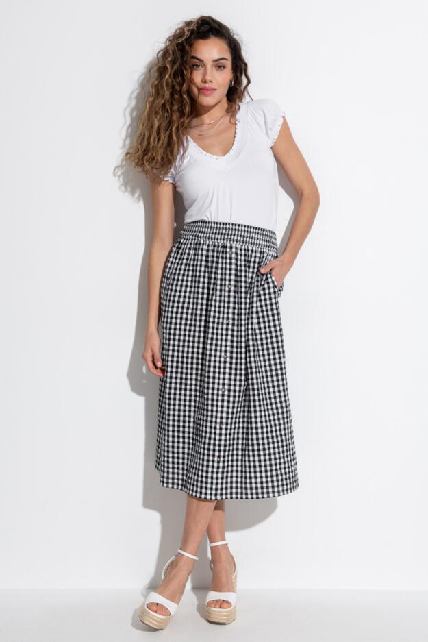 Deanna Shirred Waist Button Detail Woven Midi Skirt 