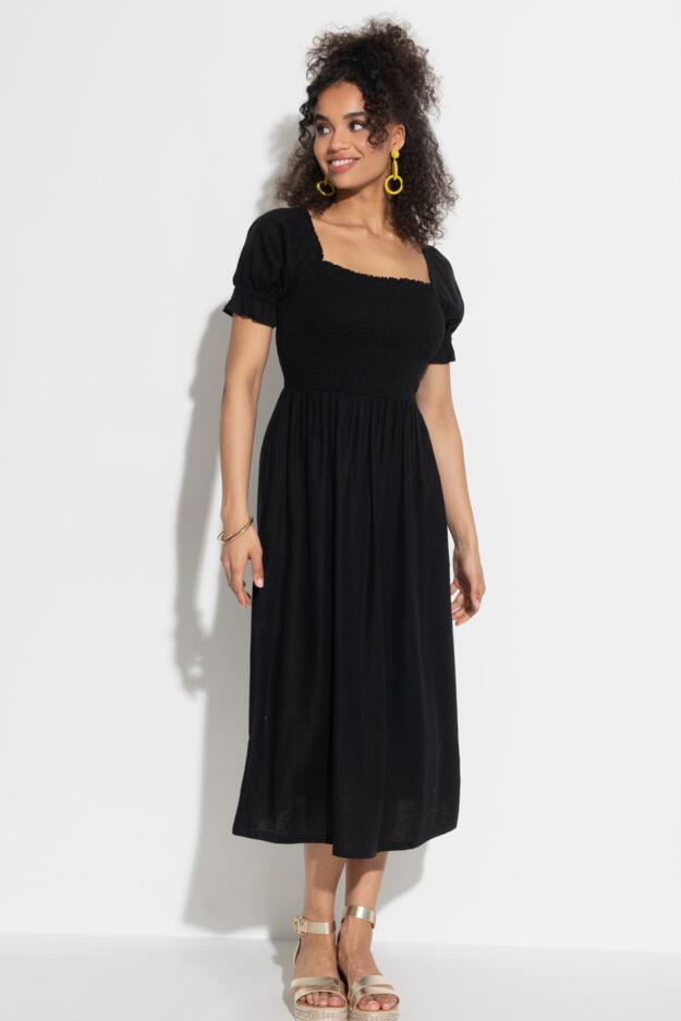 Daisy Shirred Bodice Short Sleeve Linen Blend Midi Dress