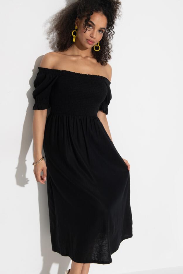 Daisy Shirred Bodice Short Sleeve Linen Blend Midi Dress