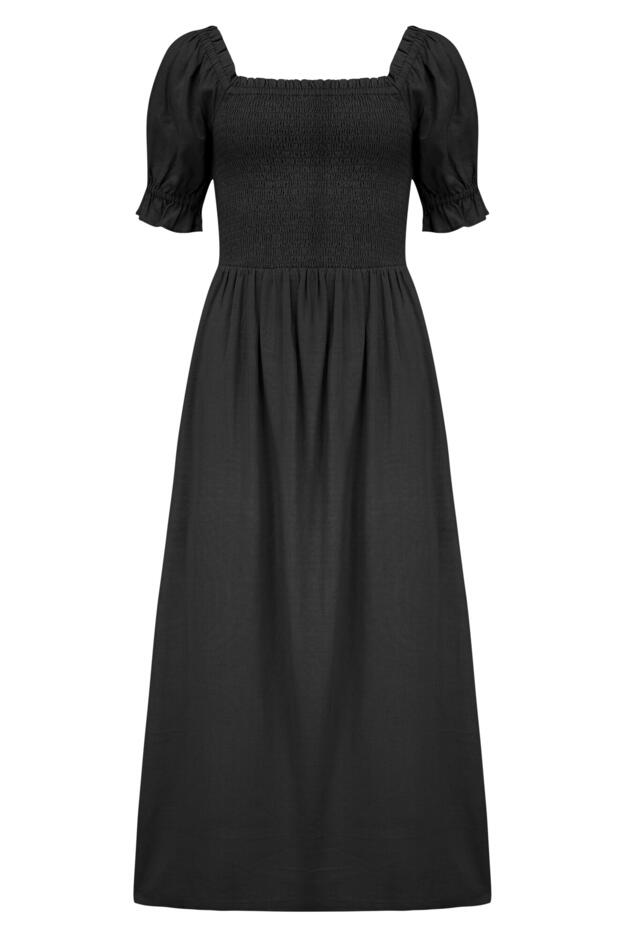 Daisy Shirred Bodice Short Sleeve Linen Blend Midi Dress