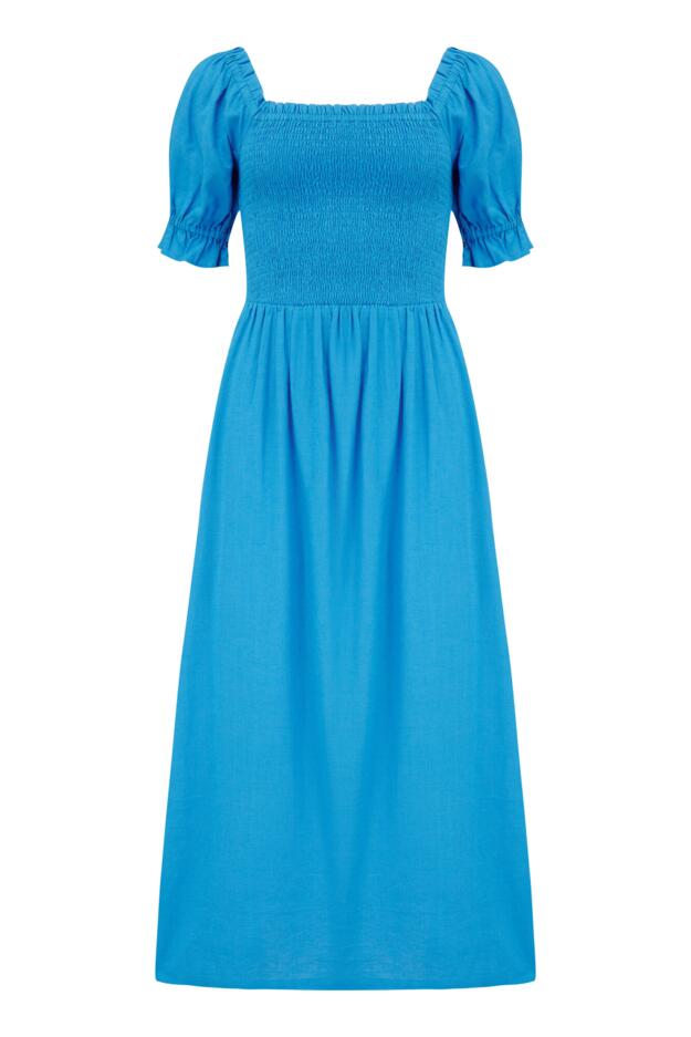 Daisy Shirred Bodice Short Sleeve Linen Blend Midi Dress
