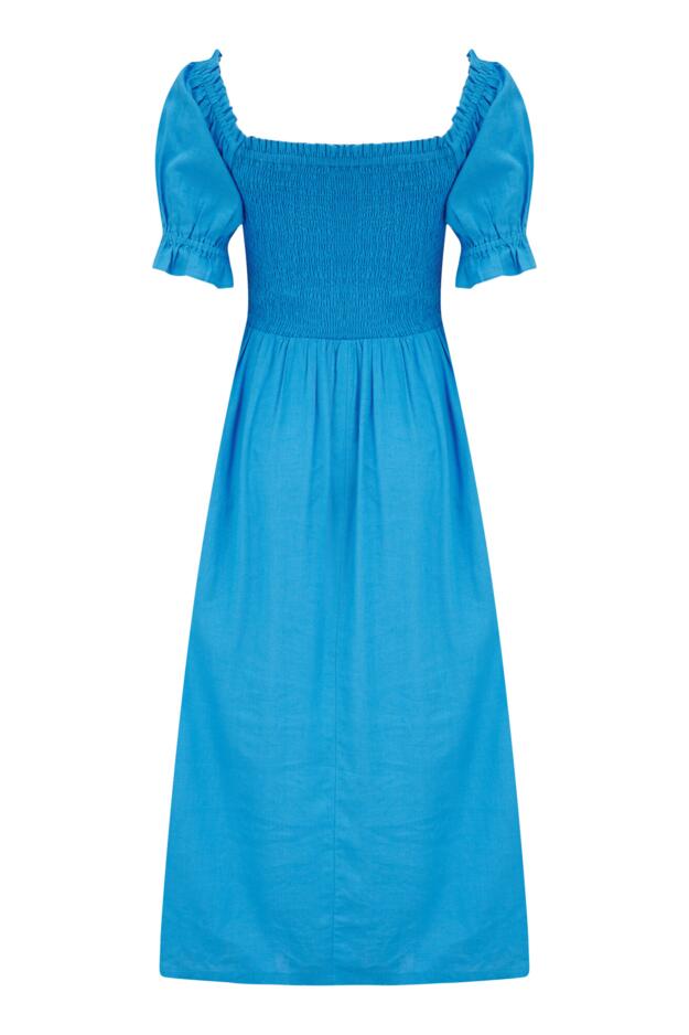 Daisy Shirred Bodice Short Sleeve Linen Blend Midi Dress