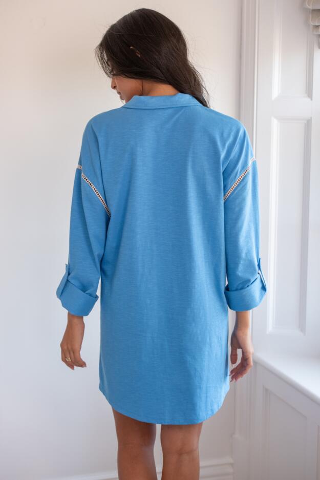 Cotton Jersey Embroidered Revere Collar Oversized Nightshirt