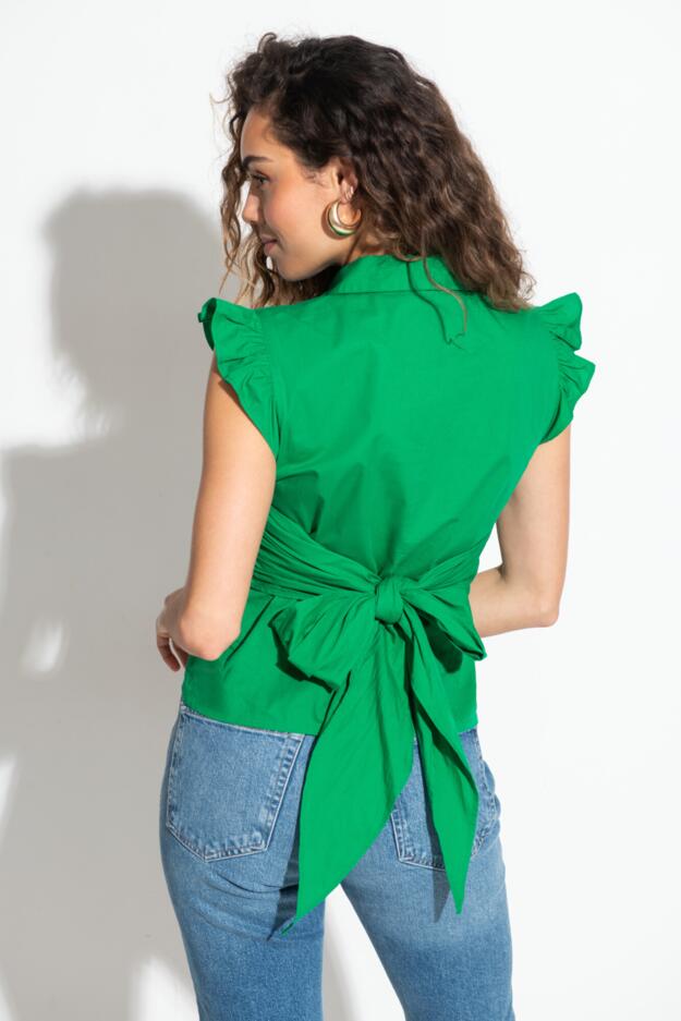 Shae Cotton Poplin Twist Tie Frill Sleeve Co-Ord Shirt 