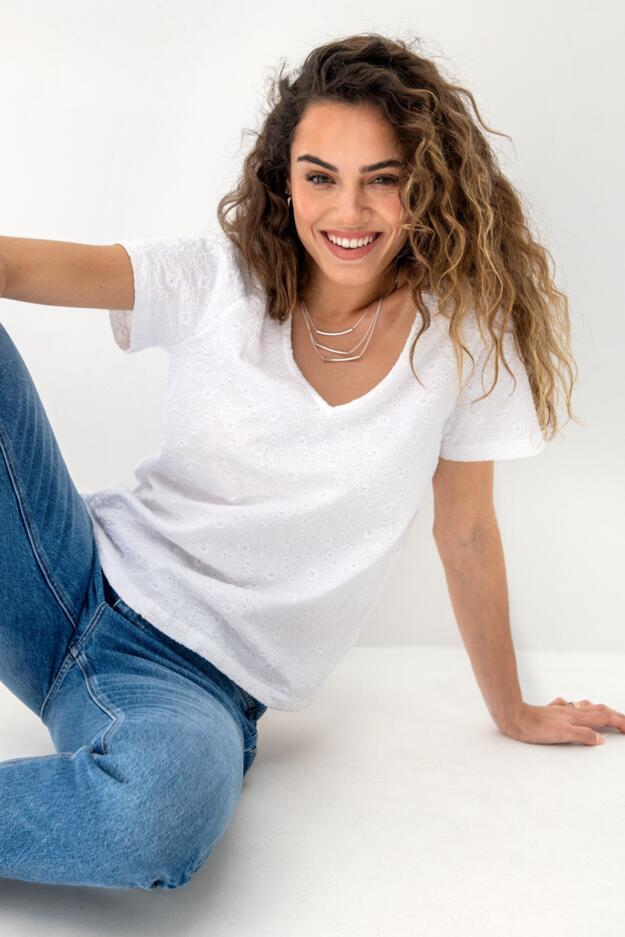Niamh Broderie Cotton Jersey V-Neck T-Shirt